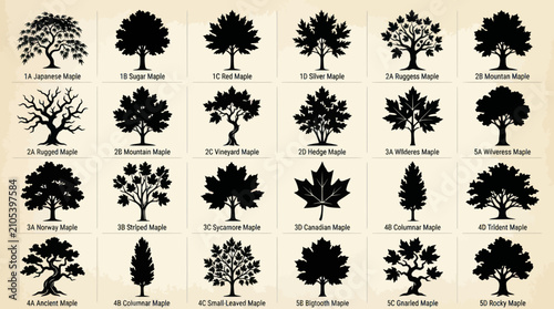 Foto Collection of diverse tree silhouettes