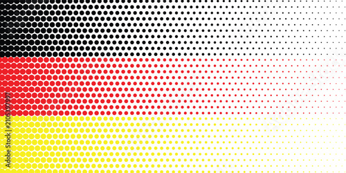 The national flag of germany made of a grid pattern of small circular dots with black, red, and yellow horizontal stripes, a patriotic celebration digital banner graphic template.