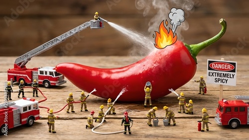 A humorous and creative scene depicting a giant red chili pepper on fire, surrounded by a team of tiny firefighters with miniature fire trucks working to extinguish the blaze.