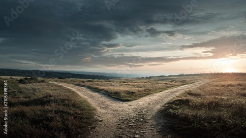 far. Conceptual crossroads with two diverging paths through a natural landscape, symbolic choice representation. wellbeing guides.