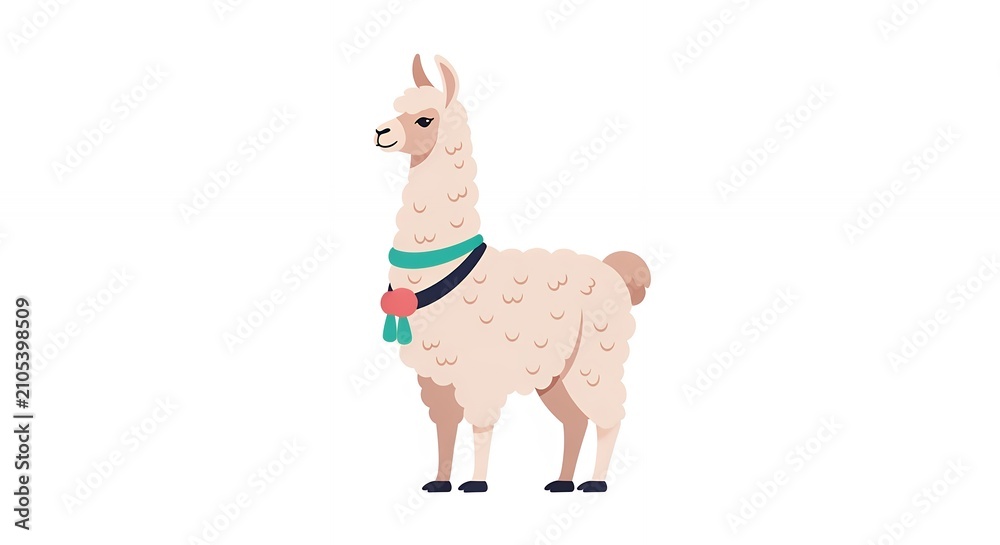Fototapeta premium Cute Beige Alpaca with Peruvian Style Collar Flat Illustration Standing Isolated on White Background Asset