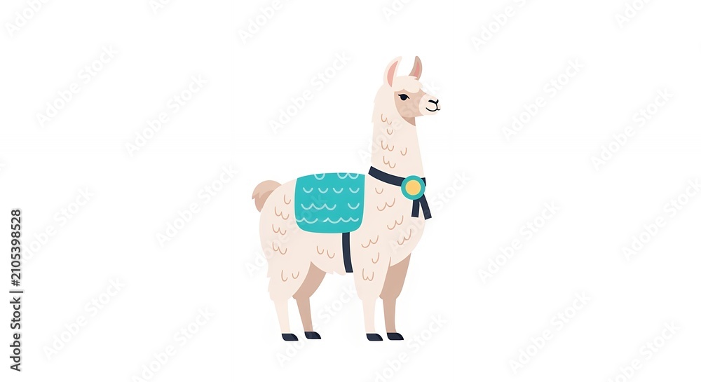 Fototapeta premium Adorable white llama standing profile view with blue patterned saddle and medal ornament isolated on white backdrop.