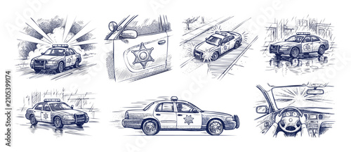 Foto Police cruiser sketch drawing set featuring patrol vehicles on emergency response duty, highway pursuit, and interior dashboard POV driving view in classic vintage line art engraving style