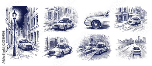 Photos Police car sketch illustration set of vintage patrol cruiser drawings in retro hand drawn engraving style on urban city streets at night, featuring law enforcement vehicles in classic noir style