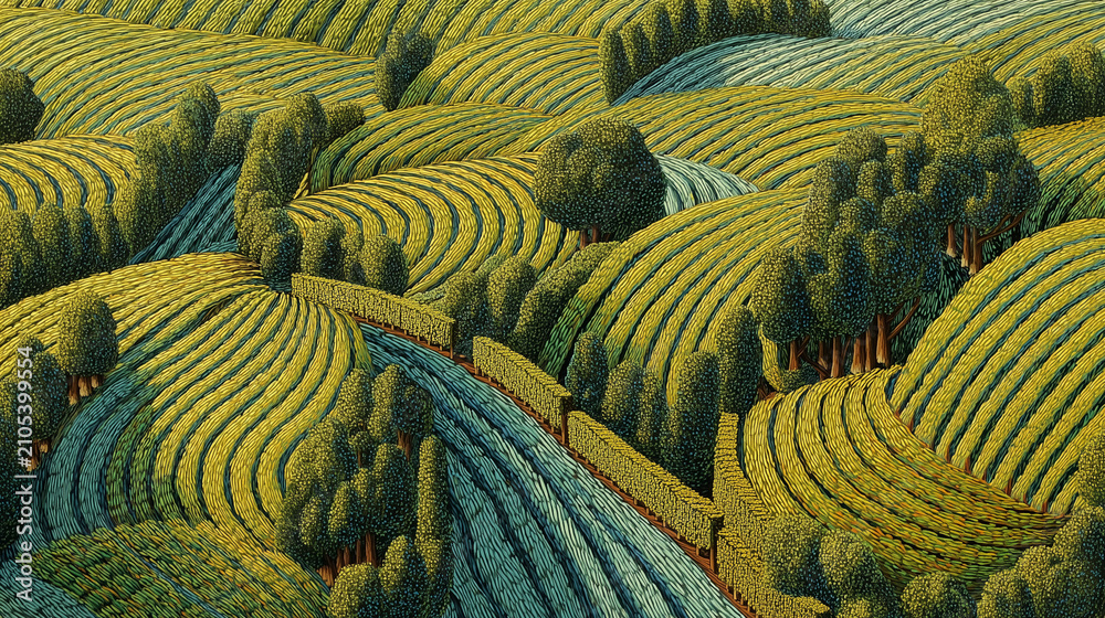 Fototapeta premium Vineyard Rows Forming Geometric Waves from Above