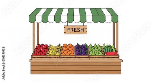 Fresh Fruit Market Stall Illustration Featuring Organic Produce in Wooden Crates with Striped Awning