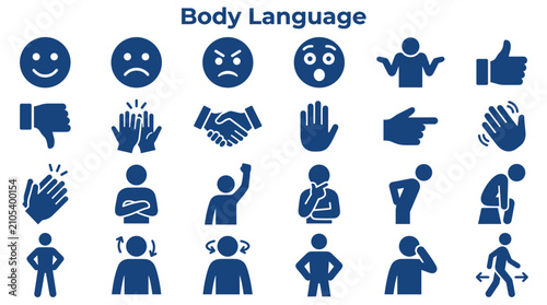 Tableau sur toile Collection of blue body language icons demonstrating emotions and gestures, conv