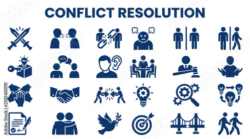 Conflict resolution icons showing negotiation, compromise, understanding, and peaceful solutions for business and social issues