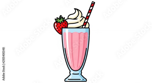 Fresh Strawberry Milkshake Topped with Whipped Cream and a Red Striped Straw Isolated Graphic Design
