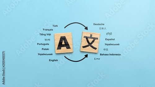 Fotografie A conceptual flat lay illustration of language translation featuring wooden tile