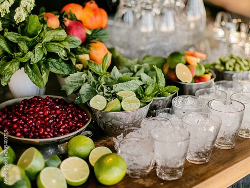 Well-stocked cocktail garnish station featuring a wide variety of fresh herbs, citrus, spices, and decorative ingredients for creative drink preparation