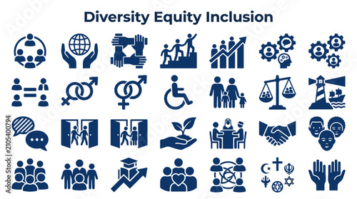 Diversity Equity Inclusion Icons representing community collaboration, global connection, teamwork, growth, fairness, and accessibility in business and society.