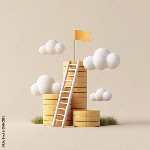 Golden ladder leading to a yellow sky with clouds isolated on transparent background
