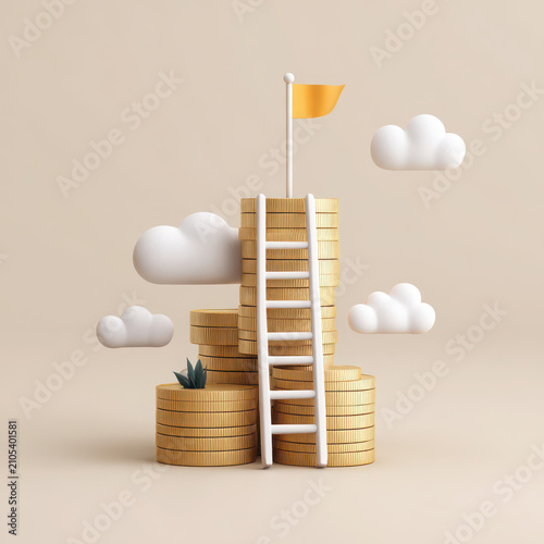 Wooden ladder leading to small golden stairs with clouds isolated on transparent background