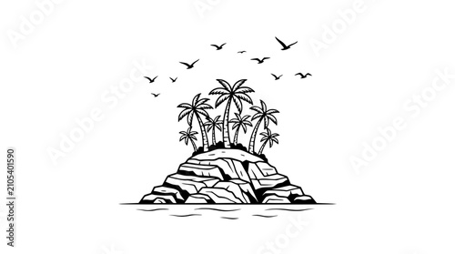 Quadro su tela Tropical Island Paradise: Palm Trees on Rocky Outcrop with Seagulls Flying Overh