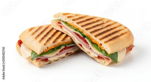 Tasty Italian Grilled Panini with Cured Ham Melted Cheese and Fresh Basil Isolated on White Background Food Photography