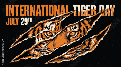 International tiger day commemorative graphic design featuring intense feline eyes behind sharp ripped paper claw marks with commemoration