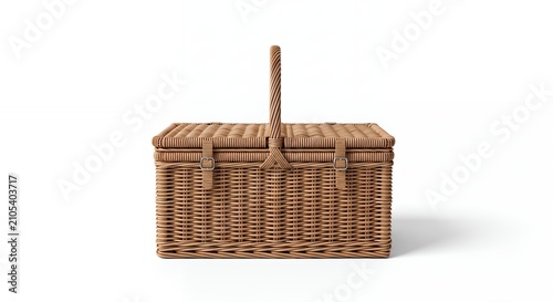 Traditional Woven Wicker Picnic Basket with Handle and Straps Isolated on a Pure White Background for Design