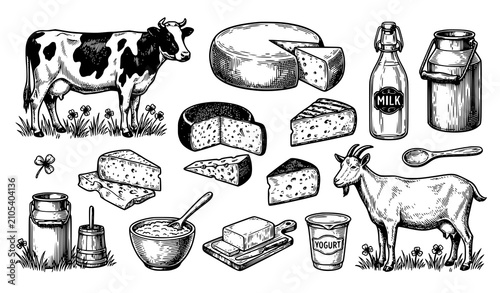 Foto Dairy Farm Products Collection with Cow, Cheese, Butter, Milk and Yogurt Vintage