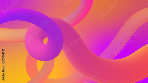 Modern abstract background design featuring dynamic 3D liquid wave shapes that curve and twist. Utilizing vibrant and bright magenta, purple, orange, and yellow color gradients. Perfect for digital wa