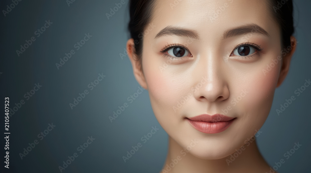 Fototapeta premium Asian woman portrait with calm expression and soft lighting, close up face, serene mood