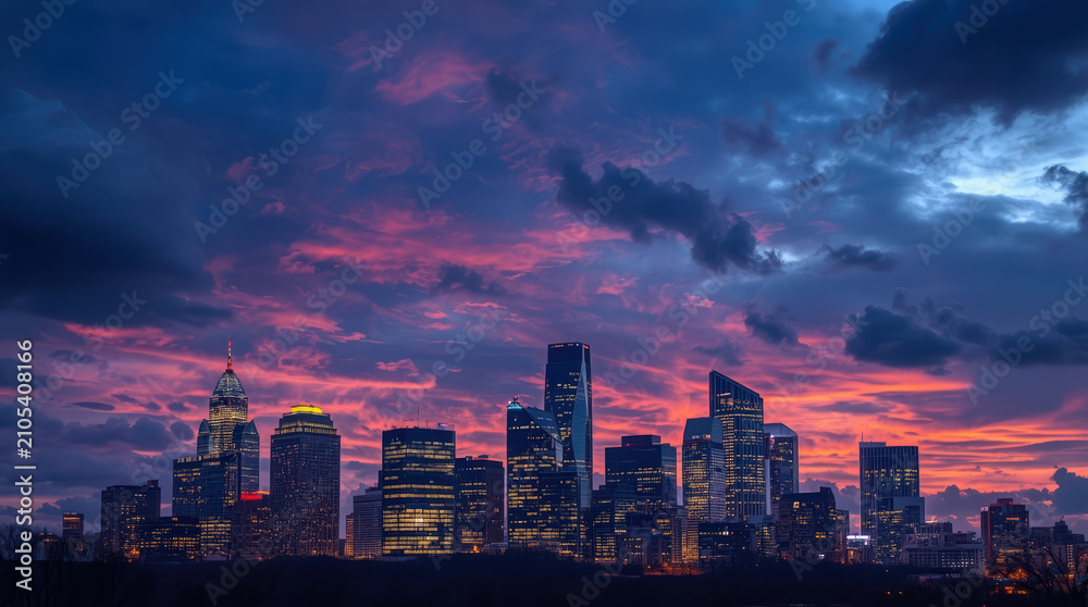 Fototapeta premium Twilight skyline with illuminated office windows and dramatic pink clouds