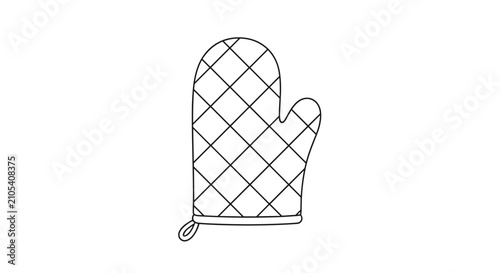 Simple black and white line art illustration of a protective kitchen oven mitt used for baking and hot pot handling.