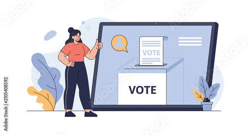 Smiling female citizen showing a thumbs up next to a giant tablet displaying an electronic online voting system.