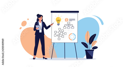 Creative businesswoman in a suit presenting an innovative business model with lightbulb idea on a whiteboard.