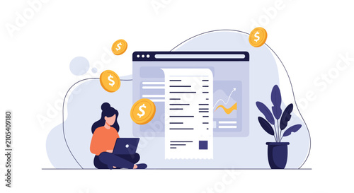 Freelance accountant working on a laptop while analyzing digital financial invoice documents and gold coins.