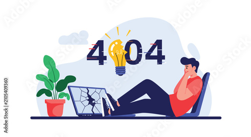 Upset male freelancer sitting at his desk looking at a cracked laptop screen with a broken lightbulb 404 error concept.