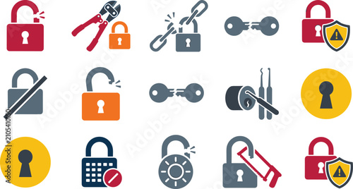 Obraz na płótnie Security Breach and Locksmith Service Icon Set Featuring Broken Padlocks, Bolt C