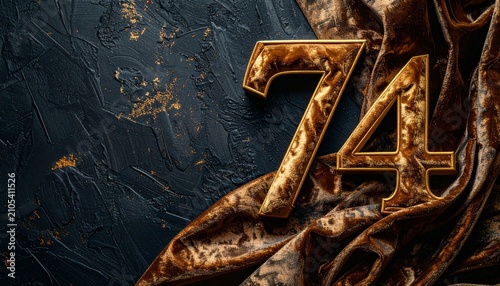 Elegant Golden Number 74 on Luxury Velvet Fabric and Blue Background