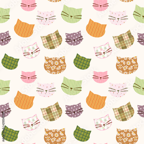 Seamless Pattern with Cartoon Cat Head Design on Light Beige Color Background. 