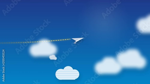 Paper Airplane Illustration Flying over White Clouds on Blue Background