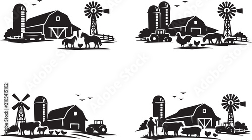 Schilderij op canvas country scenes featuring barns, silos, windmills, tractors, and farm animals, sy