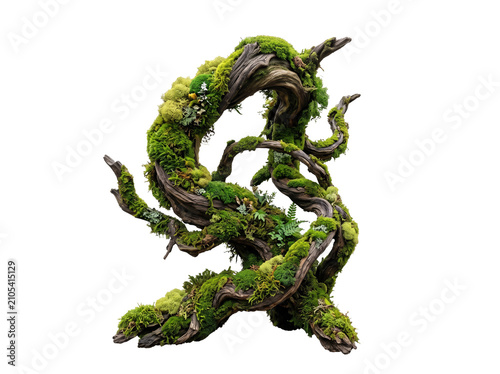 Organic Moss-Covered Twisted Branch Sculpture Isolated on Transparent Background