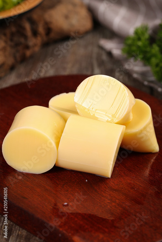 Fresh Japanese Tamago Egg Tofu Blocks on Wooden Board - Traditional Asian Cuisine Ingredients
