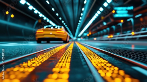 Futuristic cockpit perspective showcasing taxiway activity with a vibrant holographic heads up display