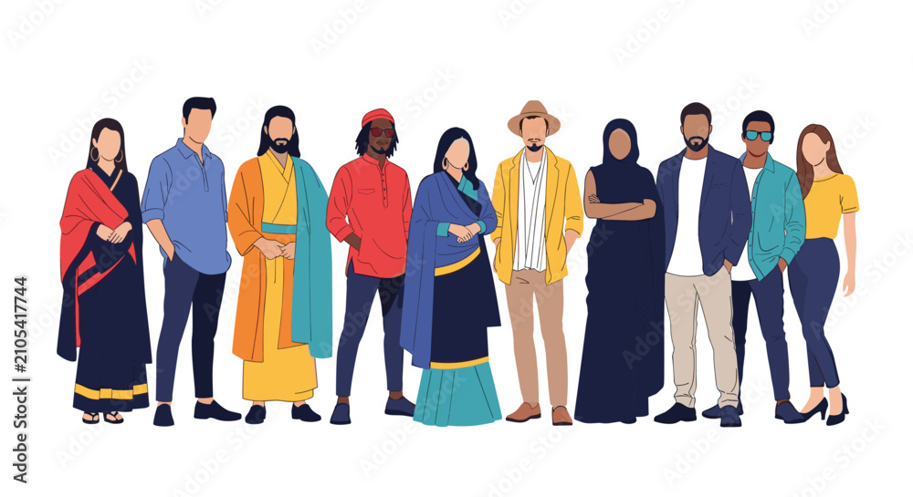 Obraz premium Large group of diverse people from different cultures and countries standing together in a row wearing various traditional outfits.