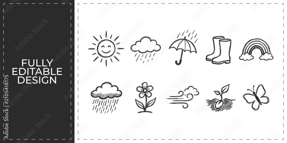 Obraz premium Weather Forecast and Meteorological Conditions Doodle Icons Featuring Clouds Rain Snow and Storm Symbols for News Report and Seasonal Climate Research Design Projects