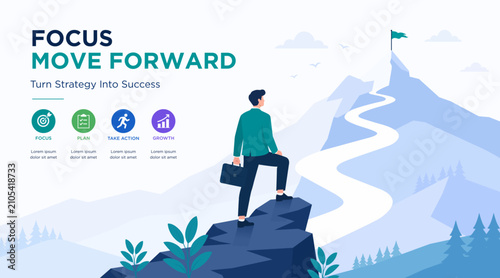 Business growth strategy success roadmap vector banner featuring a businessman advancing toward a mountain goal. Corporate presentation illustration with focus, planning, action and leadership