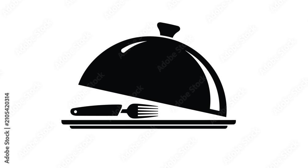 Fototapeta premium Black silhouette of a restaurant cloche on a plate with a fork and knife partially visible underneath for dining themes.