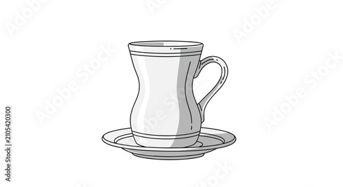 Sketch of a traditional Turkish tea glass sitting on a matching saucer with elegant curves and subtle shading effects.