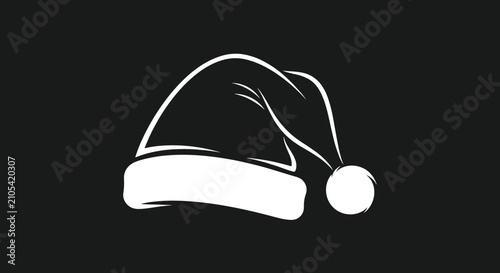 White silhouette of a Santa Claus hat with a fluffy pom-pom and rim isolated on a dark black background for Christmas.