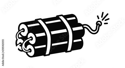 Bundle of five sticks of dynamite tied together with white tape and a lit fuse sparking for high energy concepts.