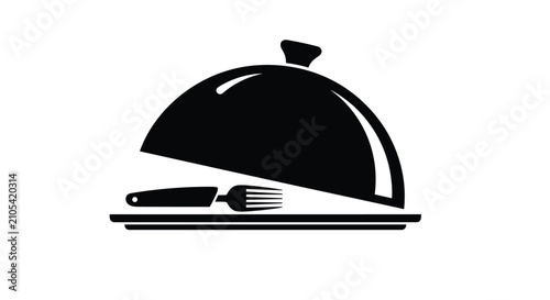 Black silhouette of a restaurant cloche on a plate with a fork and knife partially visible underneath for dining themes.