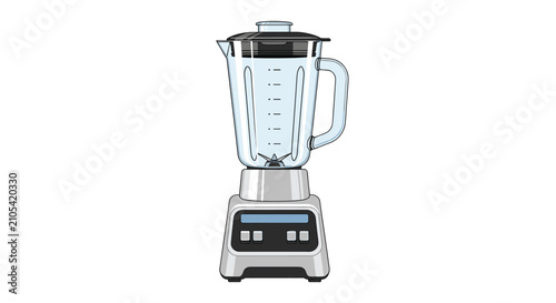 Modern kitchen blender with a clear plastic jar, black lid, and silver base featuring a digital display and buttons.