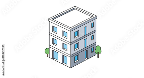 Isometric view of a modern gray three-story office or apartment building with small green trees on a white background.