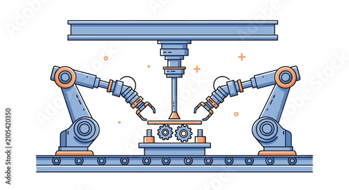 Industrial scene showing multiple robotic arms working together on an assembly line with gears and metal structures.